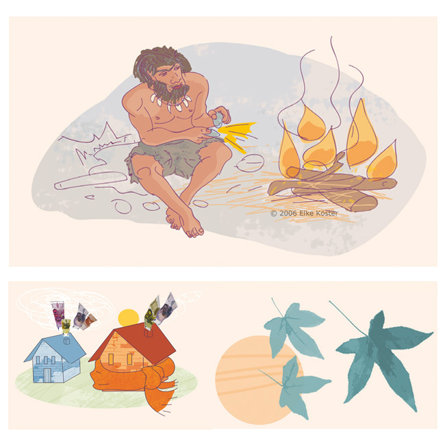 illustration, schulbuch, neandertaler, energiesparen